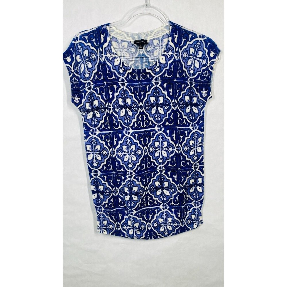 The Limited Sweater Top Women Size XS Blue White Ikat Print Cap Sleeve
